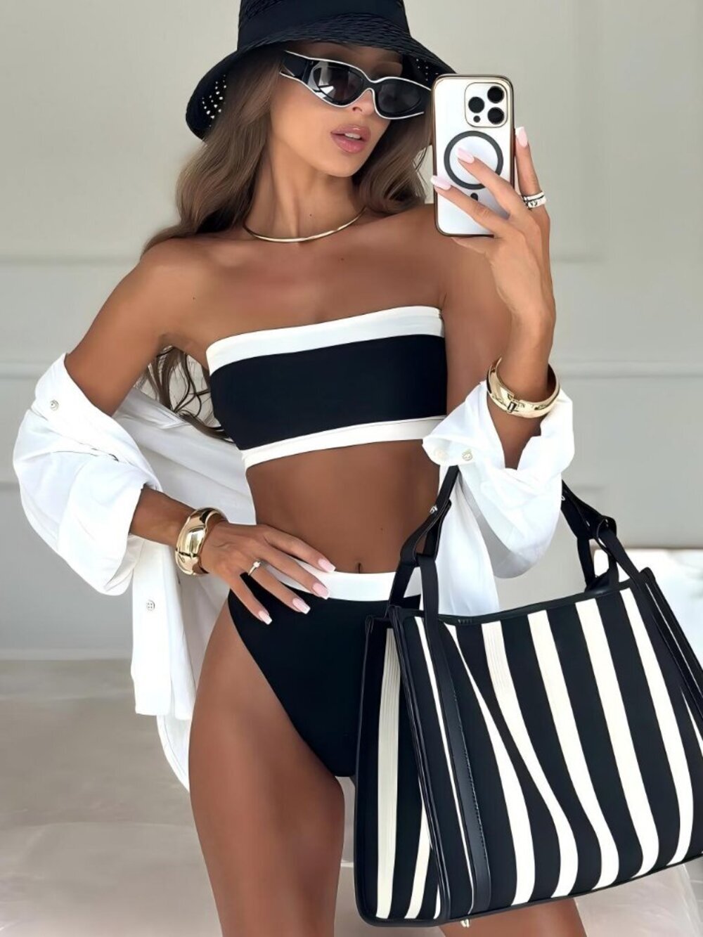 Black And White Casual Women's Sexy Detachable Strap Strapless Bikini Swimwear